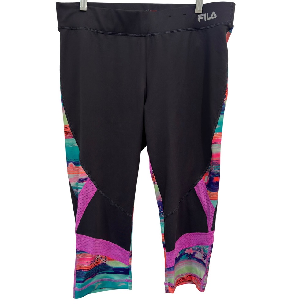 Fila Sport Y2K Running Leggings Gray Multicolor Abstract Mesh Trim Crop Large